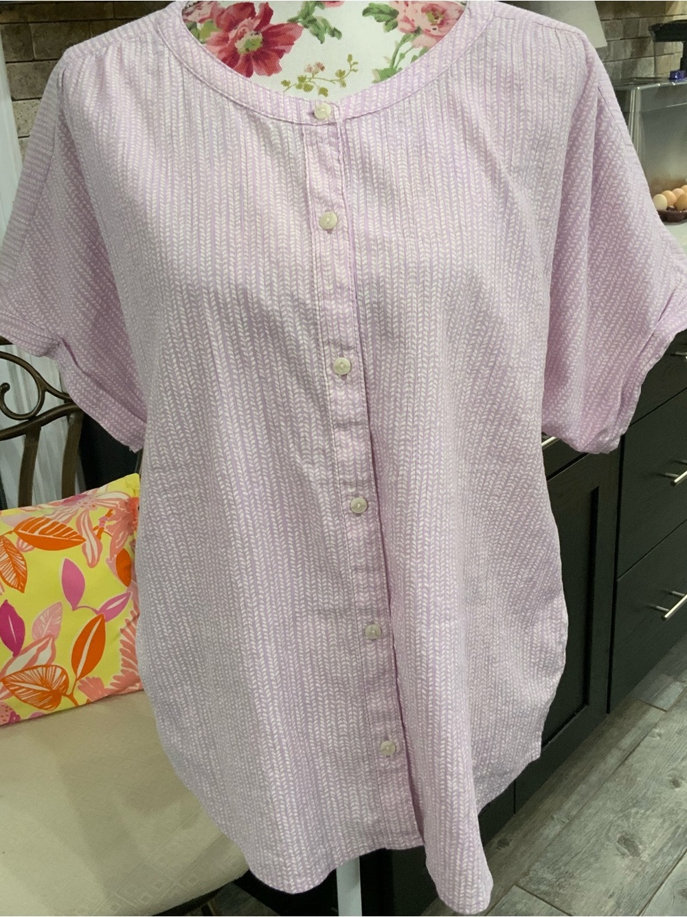 LL Bean Blouse Womens XL Button Up Lavender Organic Cotton Short Sleeve Blouse